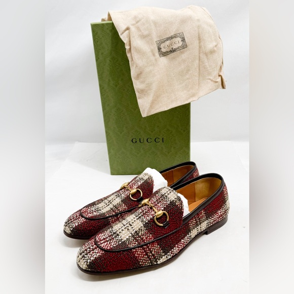 GUCCI Vintage Tweed Check Horsebit Mens Jordaan Loafers Red Beige White - Picture 1 of 16